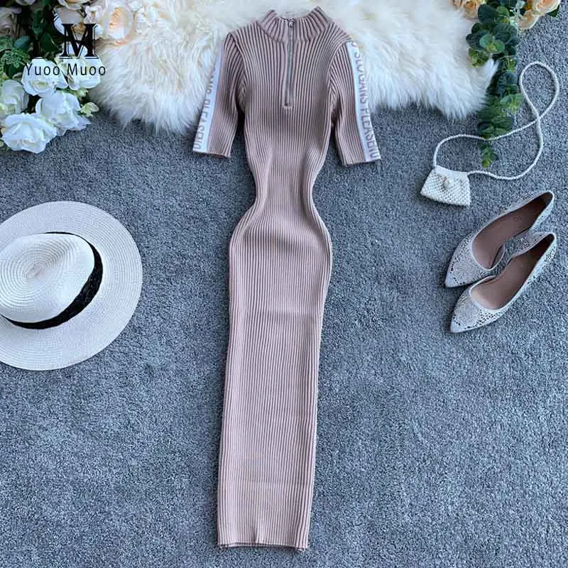 Beige Short Sleeve YuooMuoo женское стрейчевое облегающее платье Ins Горячая молния дизайн осеннее трикотажное платье midi зимнее модное черное платье Vestidos - Цвет: Beige Short Sleeve
