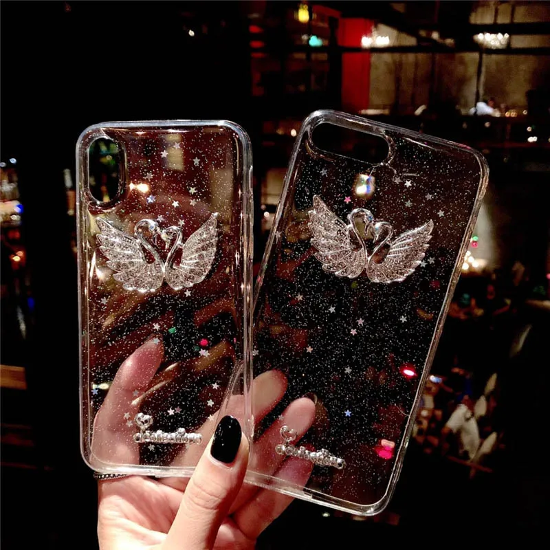 Мягкий чехол для телефона с блестящими стразами и лебедем iPhone 6 7 8 Plus X XR XS max 11 Pro Max