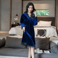 golden velvet womens nightdress new long sleeve sexy lace nightgown mid autumn winter home clothes lady sleepwear nightwear