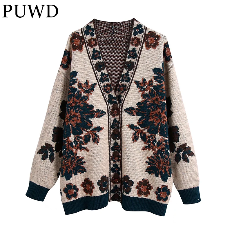 

Женский жаккардовый длинный кардиган PUWD в стиле ретро, осень/зима 2021, повседневный мягкий свободный женский свитер с V-образным вырезом