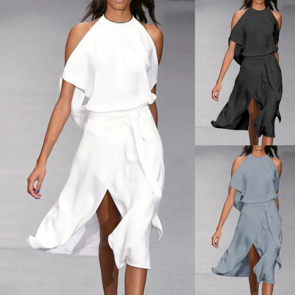 

Elegant 3 Colors Long Dress Solid Color Skin-friendly High Waist Halter Simple Elegant Women Off Shoulder Loose Dress for Work