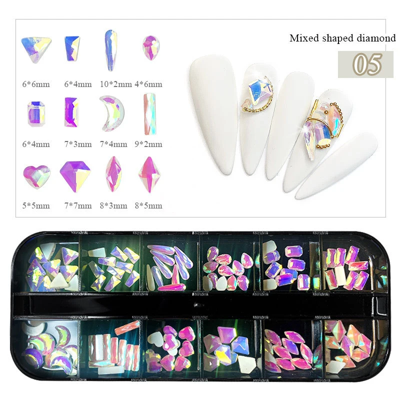 

HOT SALE 1 Box Glass Diamonds Nail Accessories Twelve Shapes In A Box Jewelry Essential For Professional Nail Art DIY TSLM2