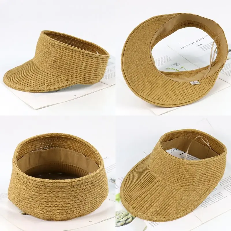 

Women Sunscreen Empty Top Cap Solid Color Straw Wide Brim UV Protection Sun Hat