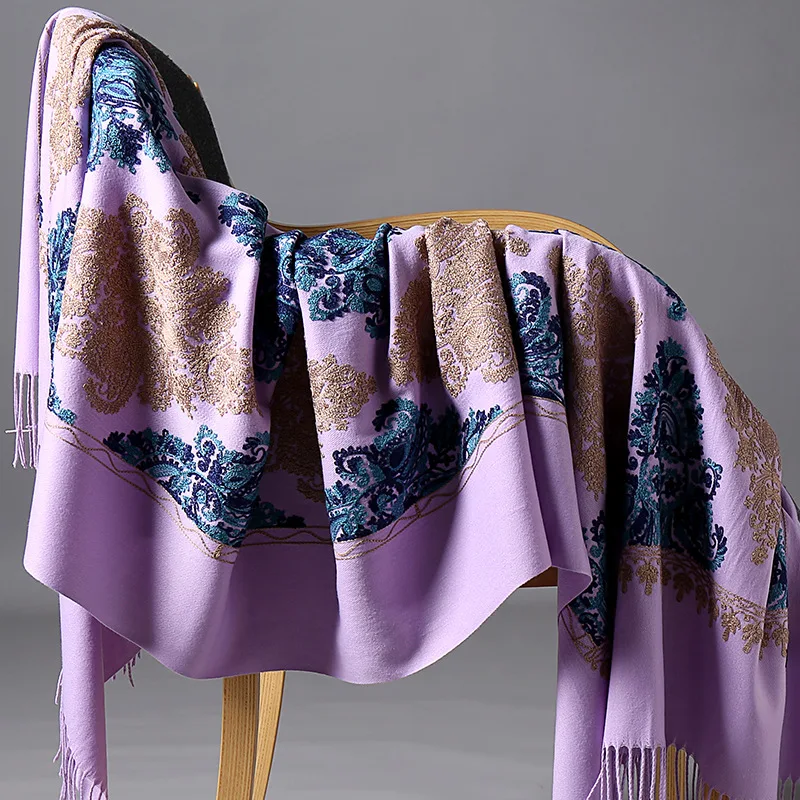 

2019 New Winter Warm Solid Scarf For Women/Lady Soft Wool Pashmina Shawls Flower Embroidery Cashmere Female Wraps Capes