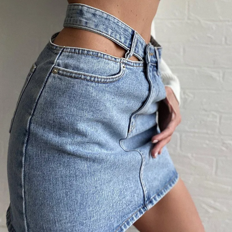 

Women's High Waist Denim Party Skirt 2021 Hollow Button Zipper Mini A-line Skirt Ladies Sexy Clothing Female Night Club Wear