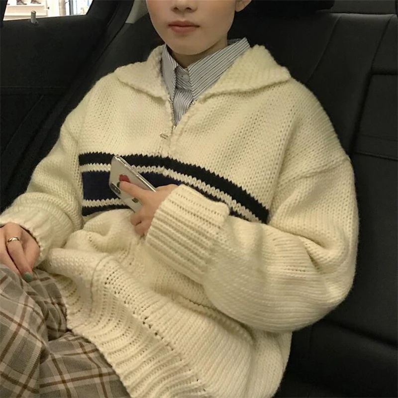 

2020 осень и зима корейский стиль отложной воротник полосатый на молнии толстые трикотажные кардиганы женские свитера женские BB508
