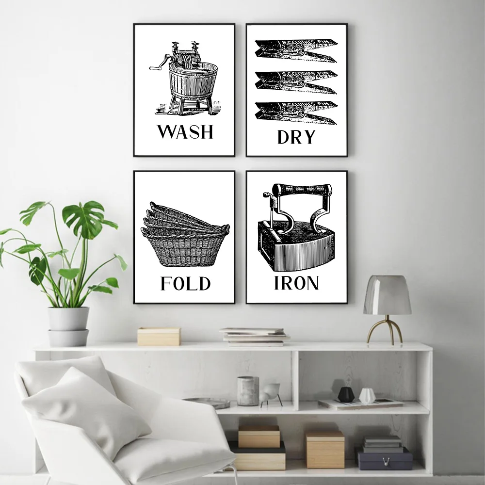 

Wash Dry Fold Iron Laundry Sign Black White Wall Art Print Canvas Painting Nordic Poster And Print Wall Pictures Utility Room