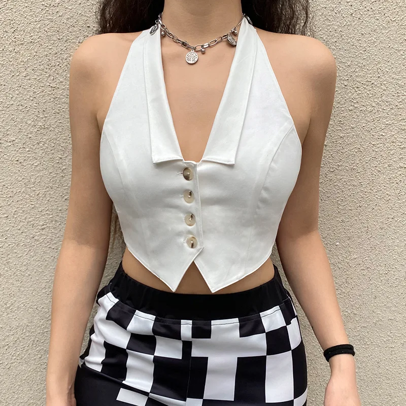 

SEASONS Vintage White V Neck Sleeveless Crop Top Backless Sexy Suit Tanks Camis Top Button Up Summer Streetwear 2021 ASVE83200