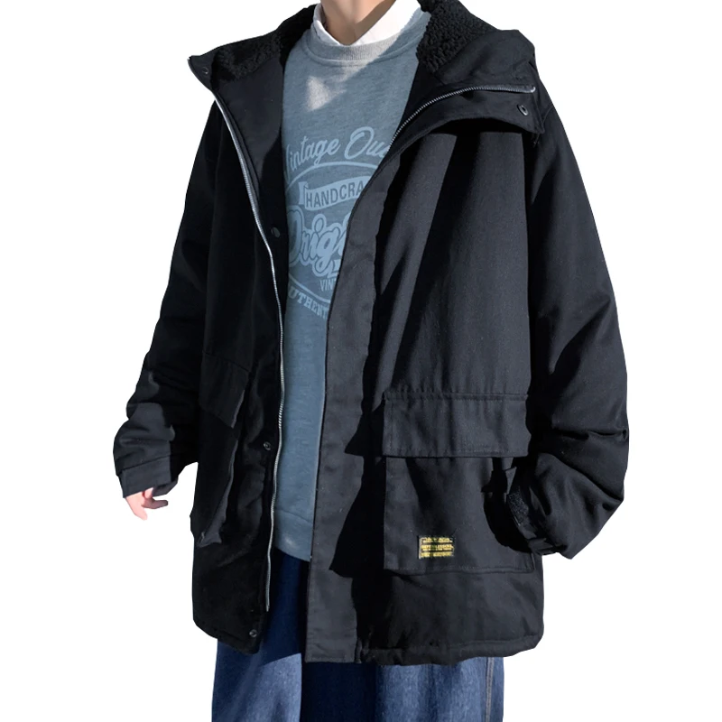 

Mens Winter Jackets Thick Velvet Warm Streetwear Army Multi-Pocket Windbreaker Fur Hooded Outwear