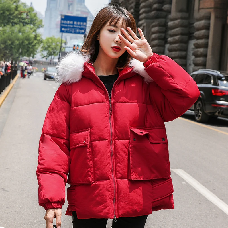 

Two Big Pockets 2019 Winter Jacket Women Hooded With Fur Collar Loose Female Coat Short Padded Outwear Parka Mujer Invierno