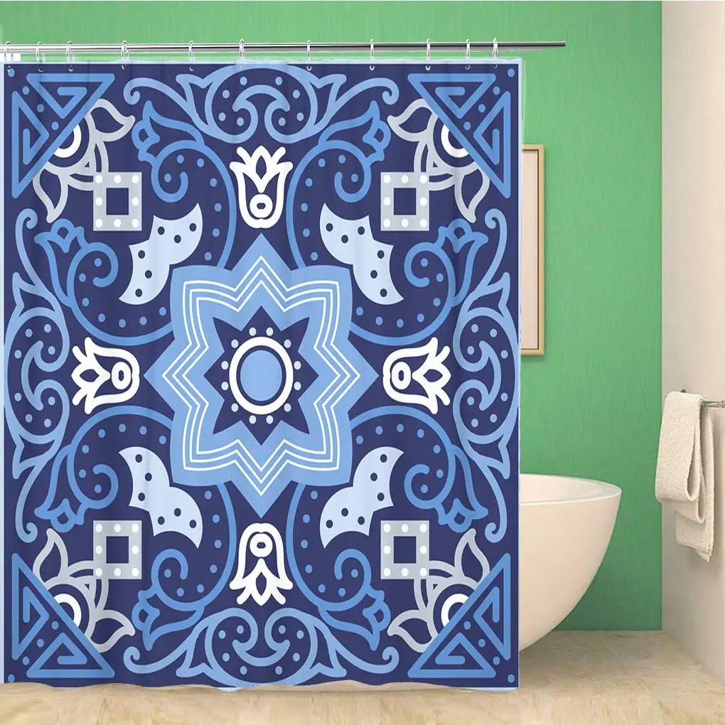 Занавеска для душа ванной португальская плитка Azulejo сине-белая великолепный узор