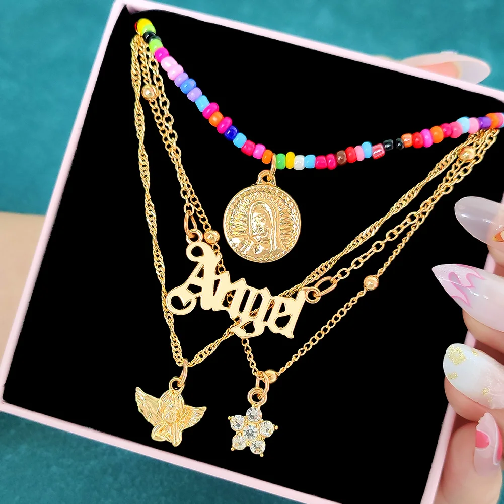 

Flatfoosie Vintage Golden Angel Portrait Coin Pendant Necklace For Women Multilayer Colorful Beaded Choker Necklace Boho Jewelry