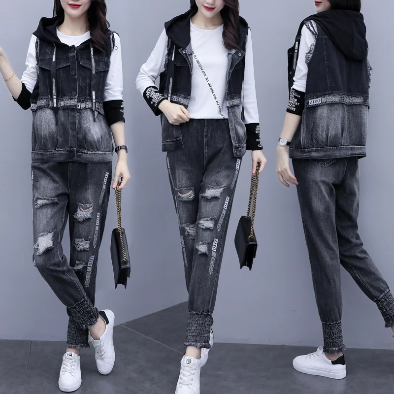 

2021 Autumn Denim Three-Piece Set plus Size Women's Suit