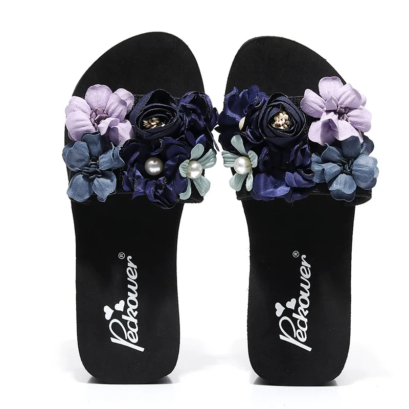 

Slippers Casual Shoes Slides On A Wedge Platform Med Flower Summer Clogs Woman Luxury Flat Beach Floral Fashion Fabric Basic TPR
