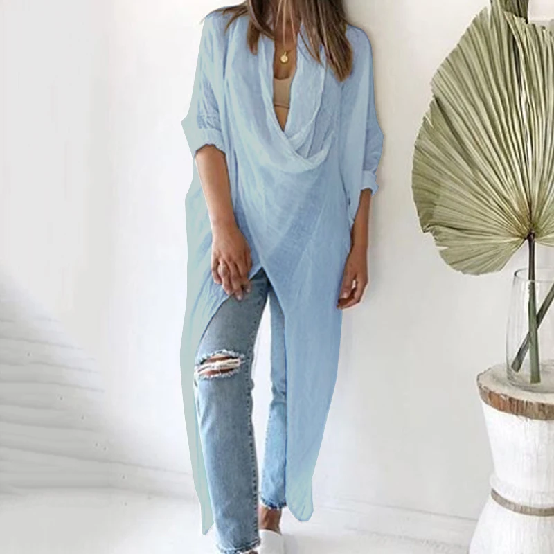 Плюс Размер Женская хлопковая льняная простая блузка топы свободного покроя