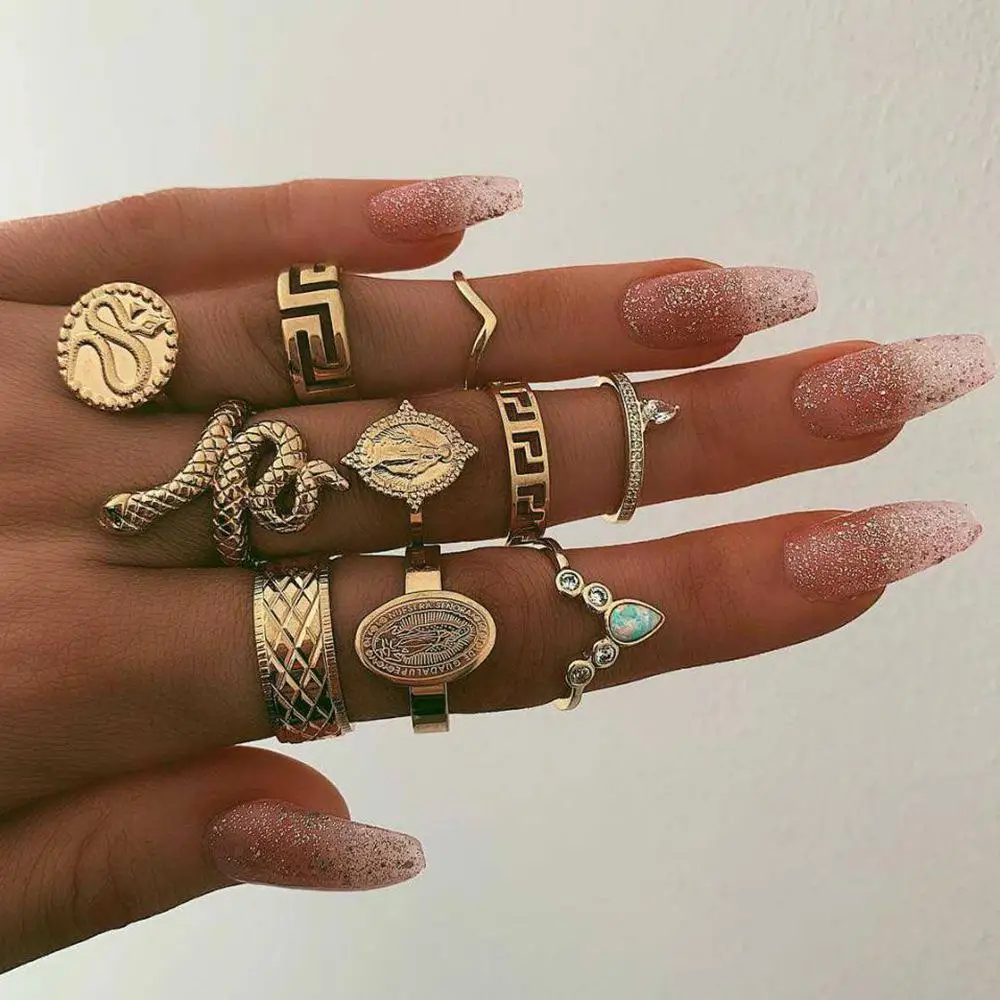 

10/pcs Set Ring Women Snake Shape Ring Jewelry European American Fashion Personality Exaggerated Carve Buddha Set Gem Stone