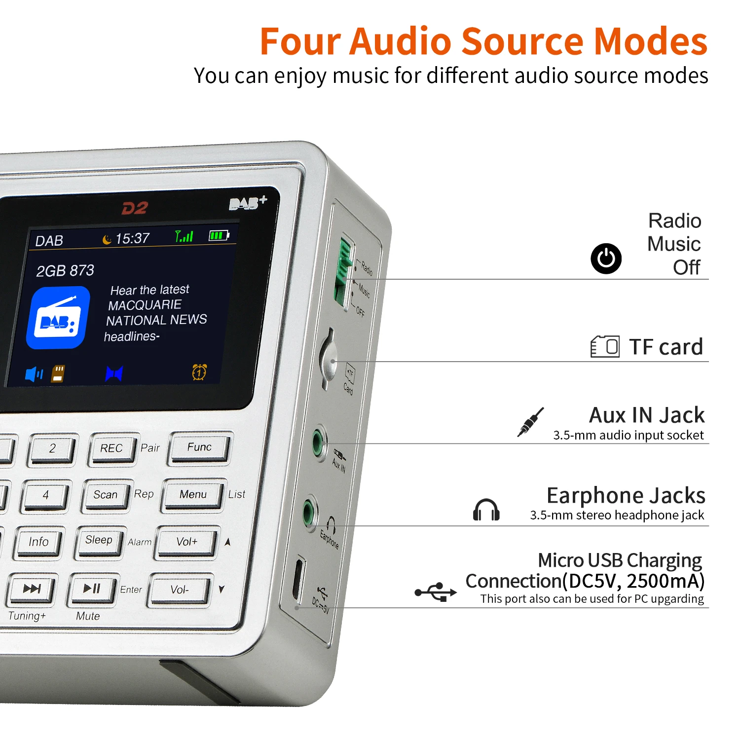 Портативный радиоприемник GTMEDIA D2 DAB +/FM/BT/карта/AUX/стерео/RDS с TFT-ЖК-дисплеем