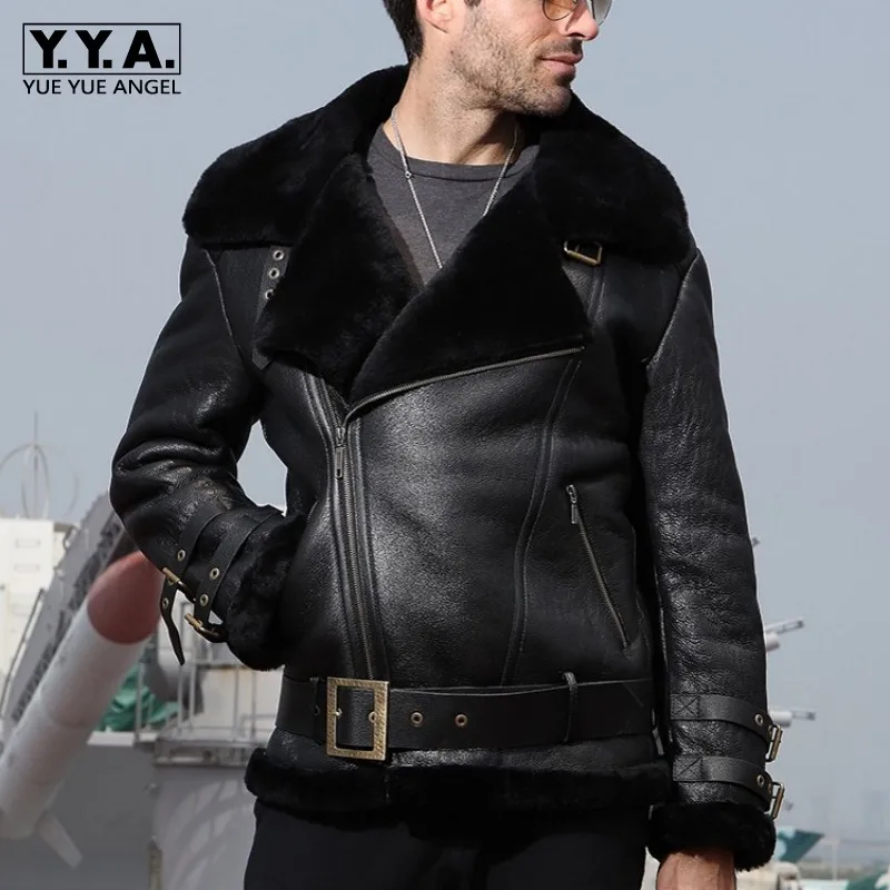 

Мужская байкерская куртка из натуральной кожи с отворотами, зимняя приталенная деловая повседневная куртка из овечьей кожи, брендовая толс...