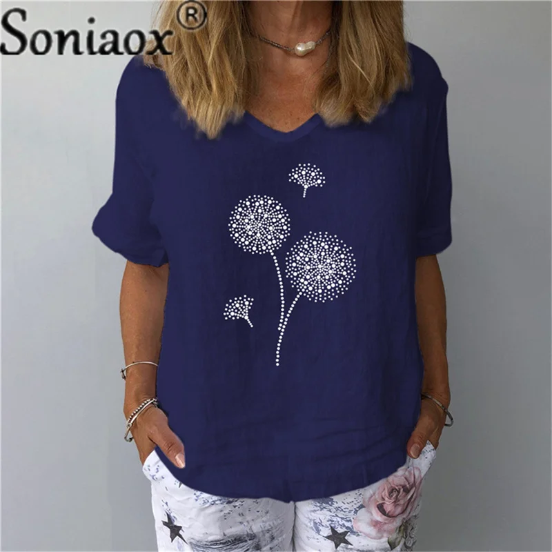 

Summer Women's Dandelion Printed T-Shirts Cotton Linen V-Neck Tee Top 2021 Short Sleeves Breathable Soft Ladies Fashion T-Shirt