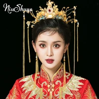 niushuya luxury wedding bride chinese traditional hair accessories headdress gold tiara round crown hair jewelry hair ornament