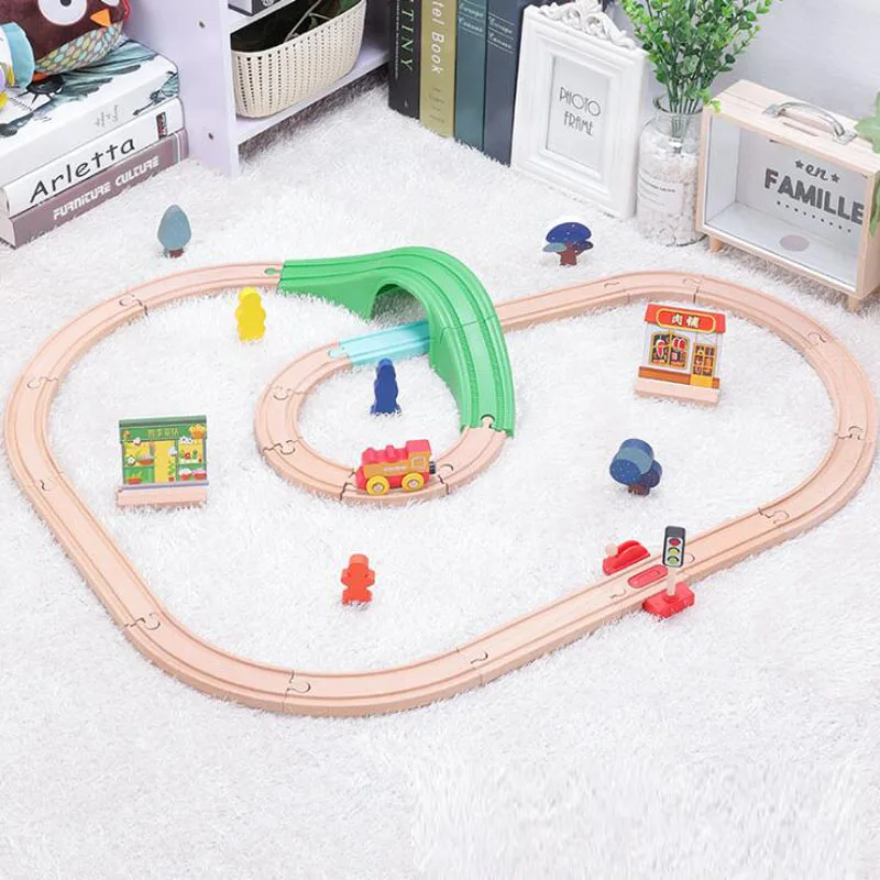 

Beech Wooden Track Building Blocks Wood Train Track Bridge Set Wooden Railway Tracks Fit Thomas Train Car Toys For Kids