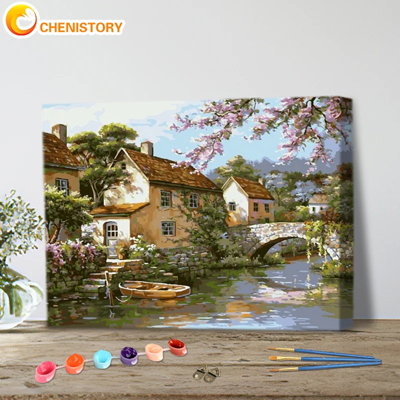 

CHENISTORY Frame DIY Oil Painting By Numbers Houses Landscape Kits Canvas Handpainted Gift Pictures Bridge Scenery Home Decor