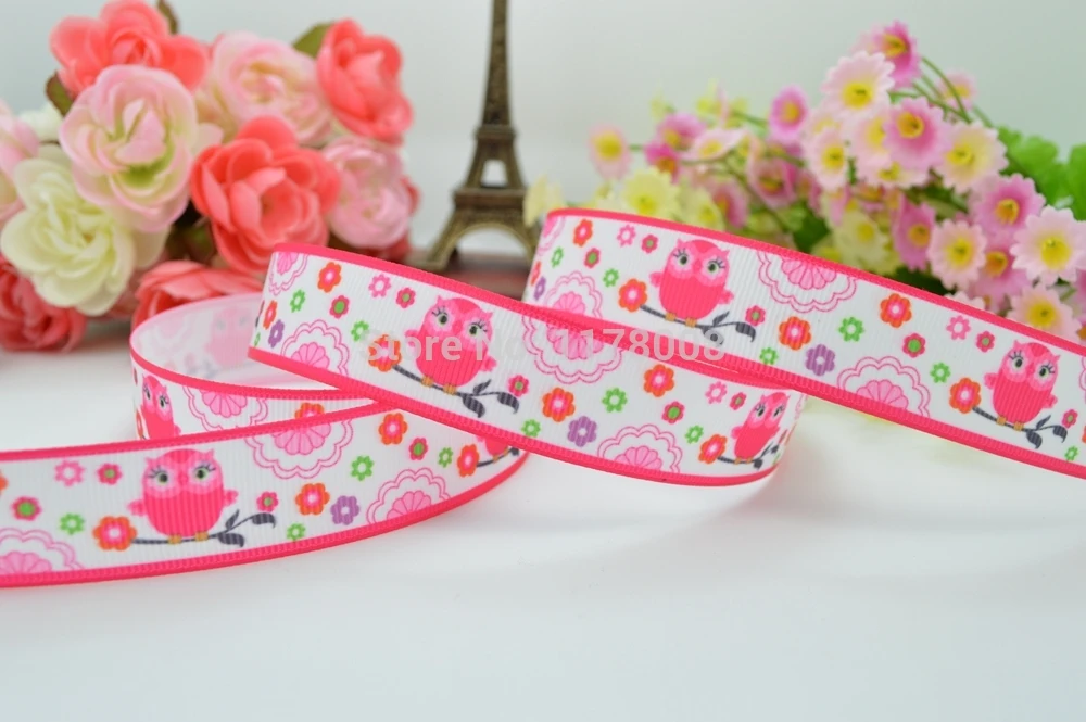 7/8 &quot22 мм розовая лента для волос с принтом Совы и цветов ручная работа оптовая
