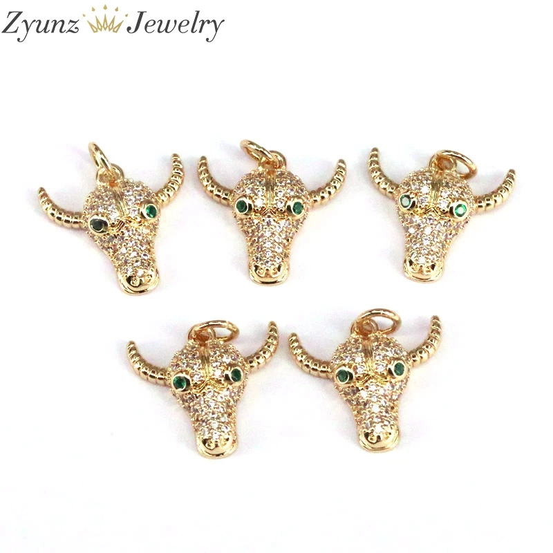 

10 шт., кулон в форме головы коровы 3D с микрозакрепкой фианита Изысканная Золотая подвеска, ожерелье серьги Очаровательная подвеска