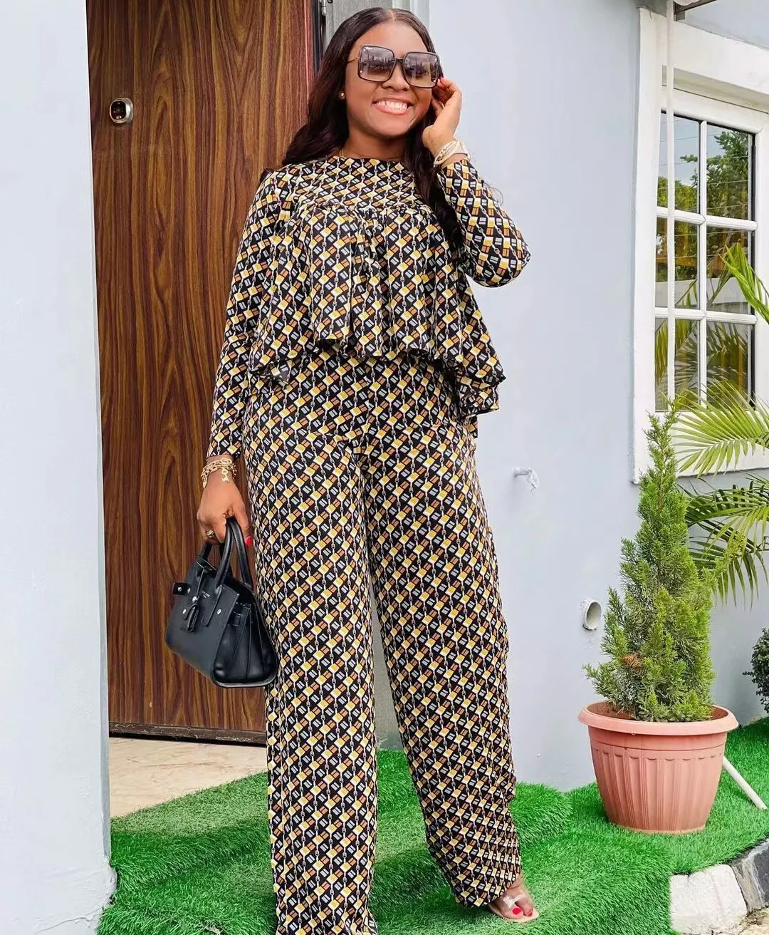 

African Autumn Women's Two-Piece Ruffled Long Sleeve Y2k Top Wide Leg Pants Suit Sportswear Fashion Plaid Printed Ladies