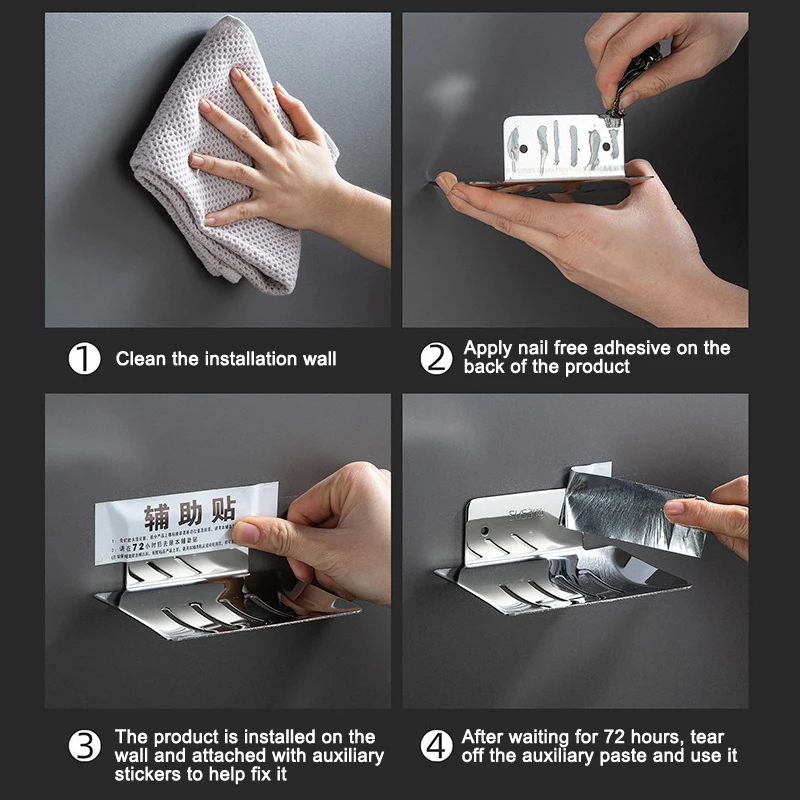 

No Drilling Stainless Steel Soap Holder Wall Mounted Sponge Rack Metal Organizer Household JA55