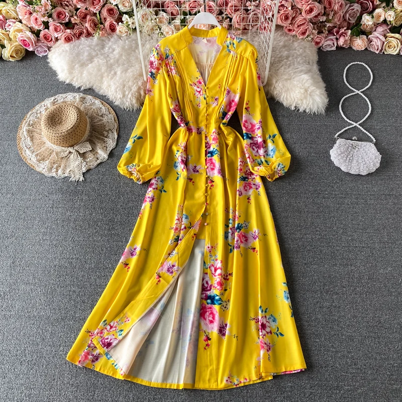 Bohemian Women Floral Printed Long Dress Vintage Bohemian Lantern Long Sleeve Big Swing Vestidos Female Vacation Beach 2021 New