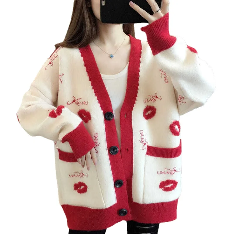 

Net red knitted cardigan ladies sweater jacket women spring and autumn 2021 Korean loose knit sweater outer line