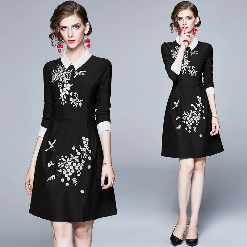 Осеннее черное платье с цветочной вышивкой Vestido Invierno Mujer женское платье миди Robe Moulante Femme ropa mujer K6564