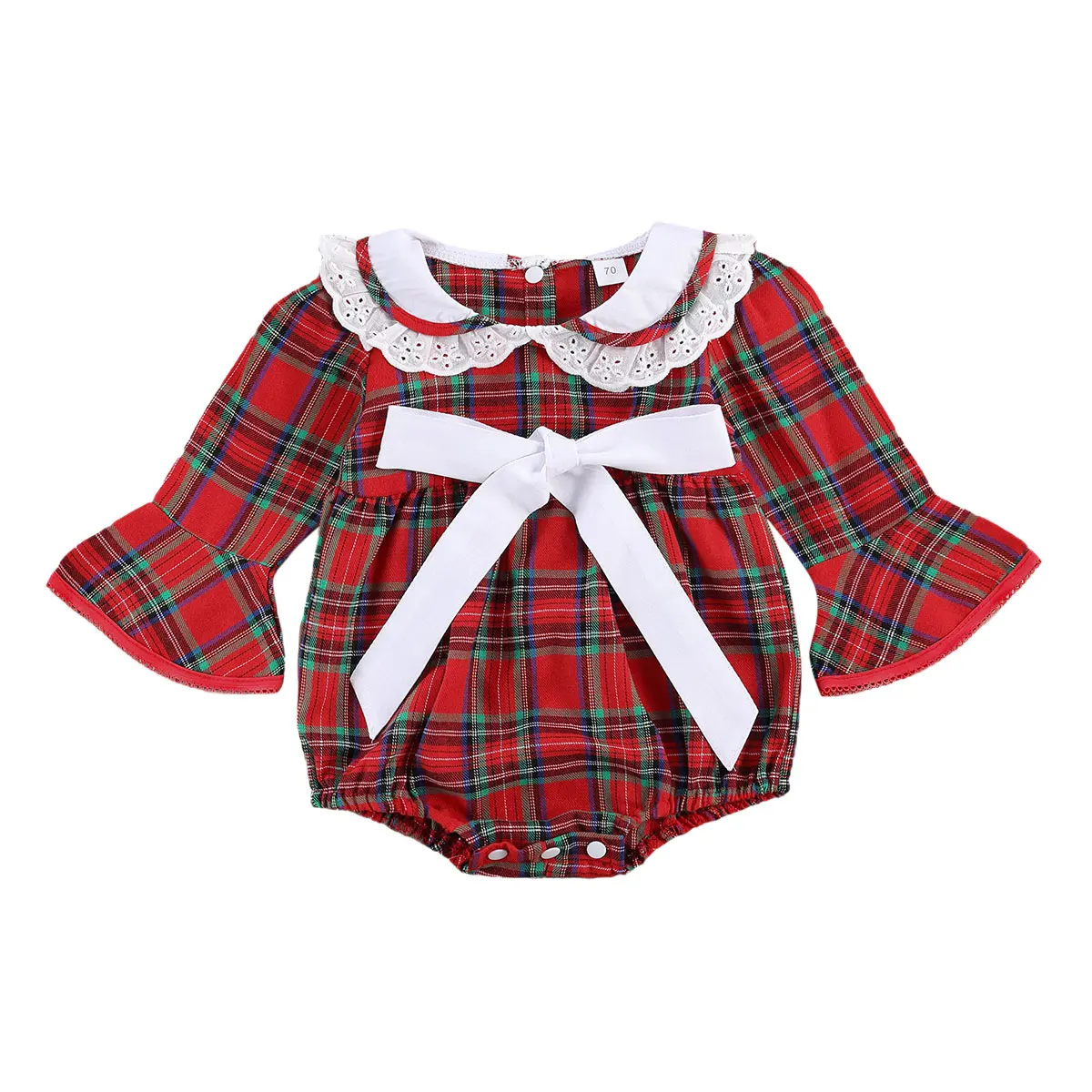 

Baby Girl Plaid Bodysuit Jumpsuit Babies Bow-knot Flare Sleeve O-neck Lace Tops Button-up Clothing for Spring Autumn ropa bebe