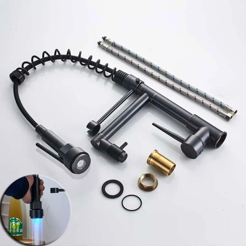 

LED Kitchen Faucet ORB Chrome Gold FinishPull Down Faucet Hot And Cold Mixer Valve Taps Single Handle LED Spout Spray Plate