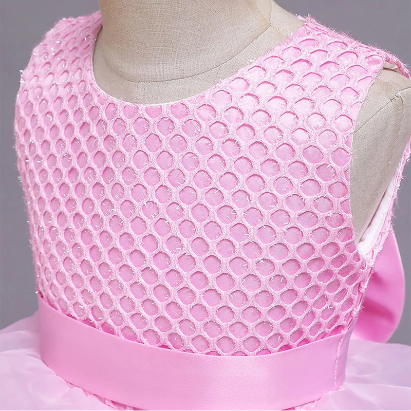 

Flower Girls Dresses Tiered Ruched Lace Tulle Bow Sleeveless Luxury Ball Gown O-Neck Knee-Length Kids Party Princess Skirt F110