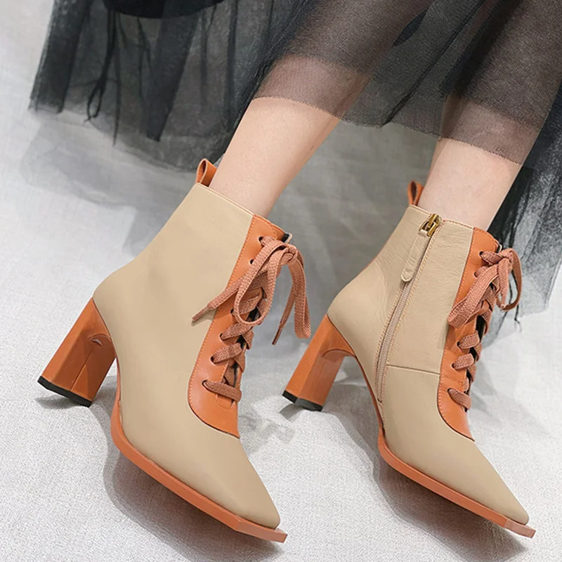 

Square Toe Martins Boots Women Mixed Color High Heel Shoes British Style Short Leather Ankle Boots 2022 New Green Office Botas