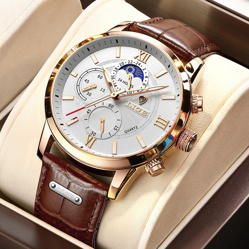 

LIGE Men Watches 2021 New Fashion Leather Waterproof Luminous Top Brand Luxury Mens Quartz Wristwatch Men Relogio Masculino+box