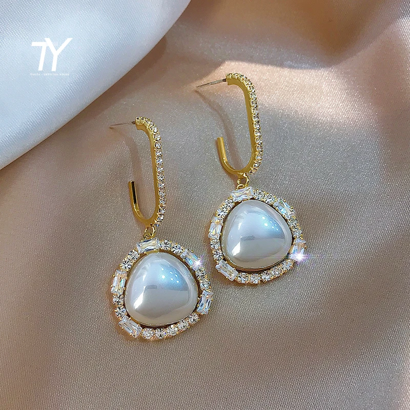 

European and American Exaggerated Zircon Geometric Pearl Dangle Earrings For Woman Fashion Korean Jewelry Party Luxury Earrings