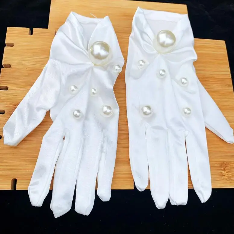 Women's elegant big pearl beaded white satin glove female sunscreen vintage short driving R2796 | Аксессуары для одежды