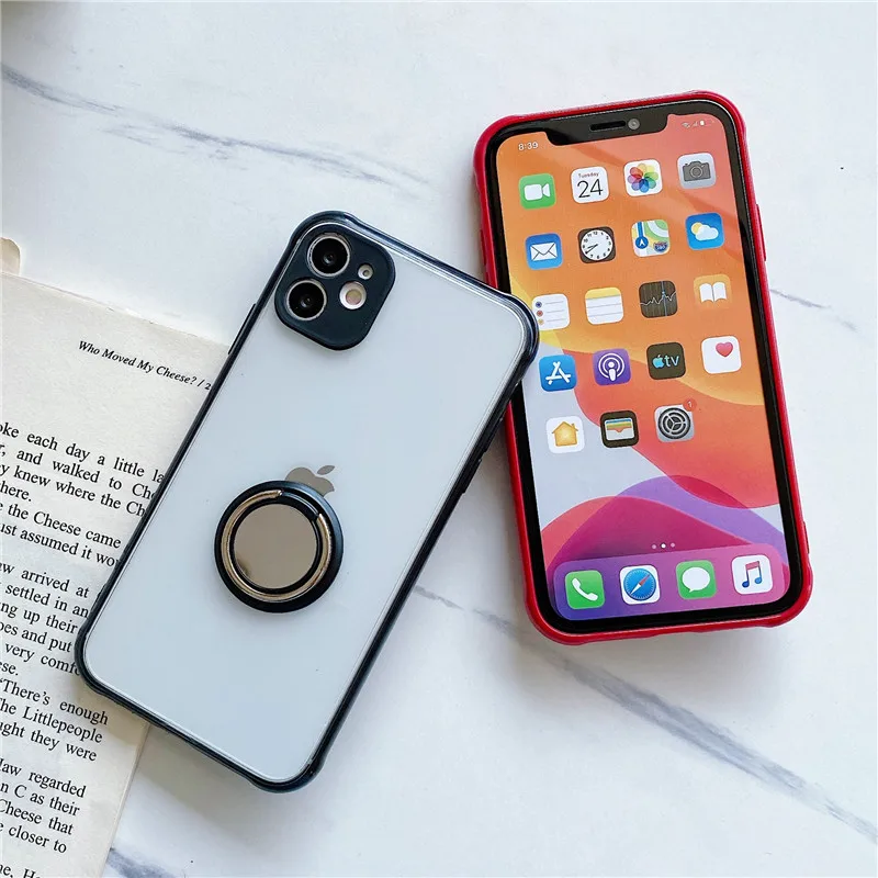 

Transparent Camera Protection Frame Ring Stand Cover Phone Case For iPhone 12 Mini 12 11 Pro MAX XS Max XR X 8 7 Plus Back Coque