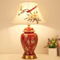 chinese style classic red flowerbird ceramic table lamps romantic warm led light for bedsidefoyerstudiowedding room as018