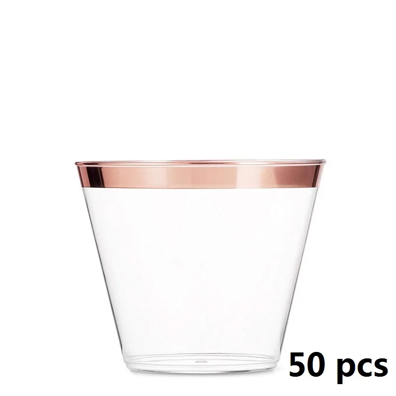 Rose Gold 50pcs 25 шт/50 шт, розовое золото, пластиковые стаканы, одноразовые стаканы, золотые стаканы, свадебные, вечерние, декоративные, прозрачные, золотые стаканы для напитков, 9 унций - Цвет: Rose Gold 50pcs