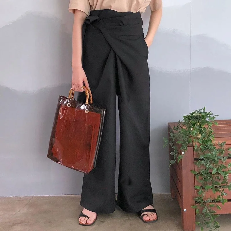 

2021 Comfortable Soft Wide Leg Pants Woman Casual Loose Drawstring Mujer Long Pantalones New Fashion Spring Femme Trouses