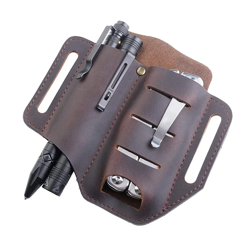 

Pocket EDC Organizer Leather Slip Sheath with 2 Pockets for Knife/Tool/Flashlight/ Pen &EDC Gears Pocket