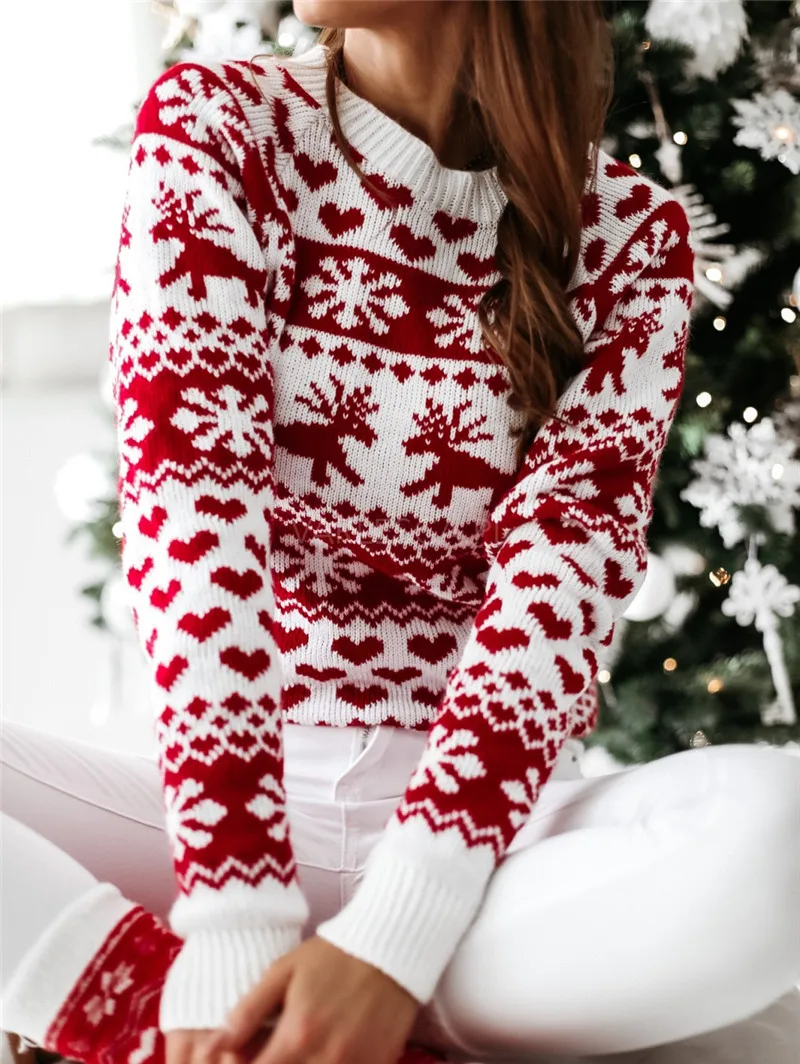 

Women Sweaters Christmas Print Round Neck Long Sleeve Knitted Top Sweater Winter Warm Pullovers