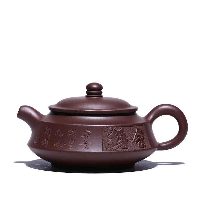 

Yixing Zisha tea set original mine old purple clay pillar base teapot all hand carved sketch teapot