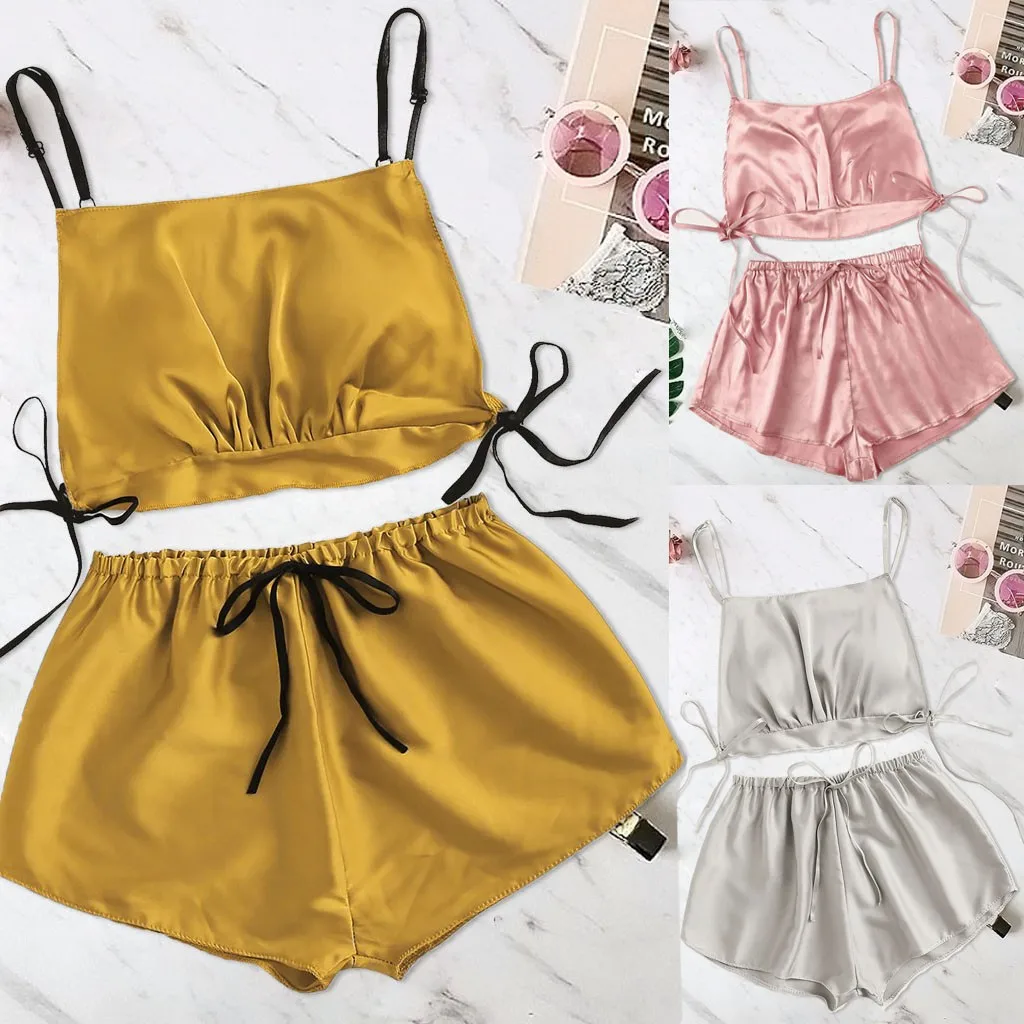 

Satin Silk Pyjamas Women Cute Square-Neck Lounge Sleepwear Set Bowknot Camisole Shorts Set Solid Pijamas Soft Comfort Home Suit