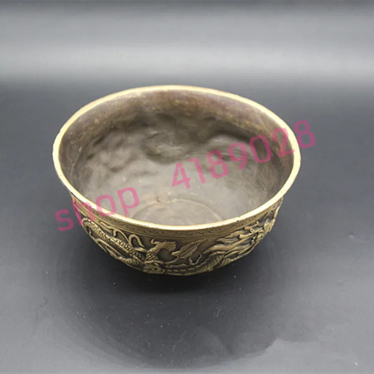 

Pure copper, relief Double Dragons bowls, decorative ornaments, antiques collectibles.