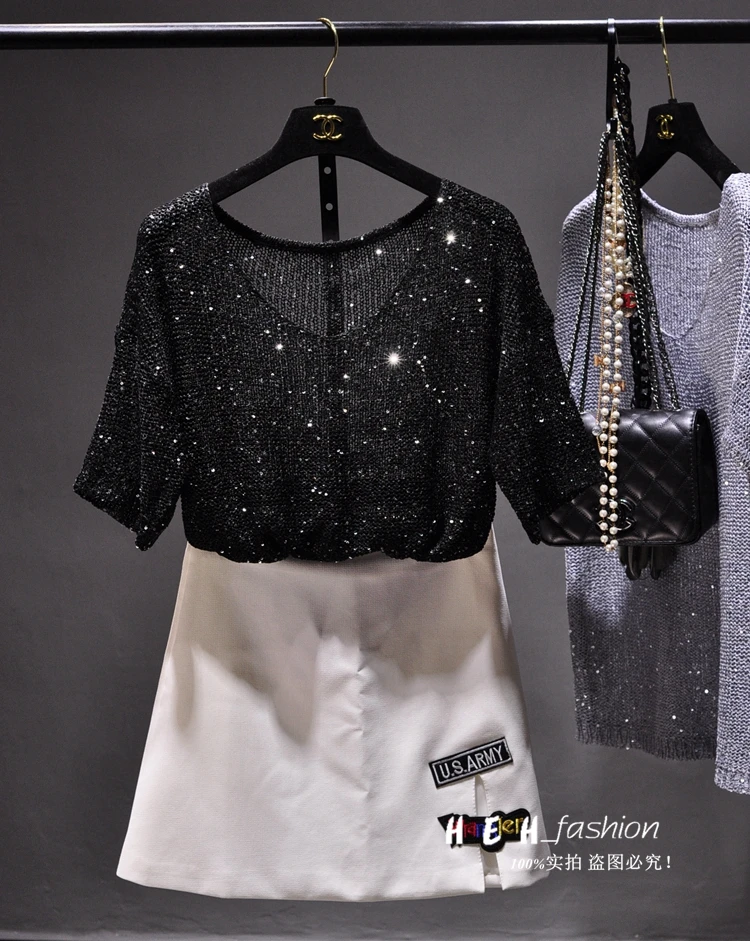 Женская трикотажная футболка с блестками футболки коротким рукавом и круглым